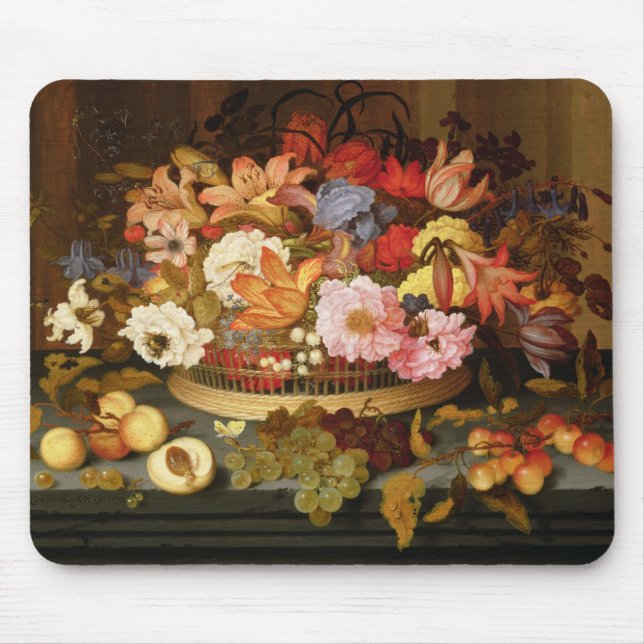 Noch Leben der Frucht und des Korbes der Blumen Mousepad (Vorne)