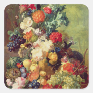 Noch Leben mit Blumen und Frucht Quadratischer Aufkleber