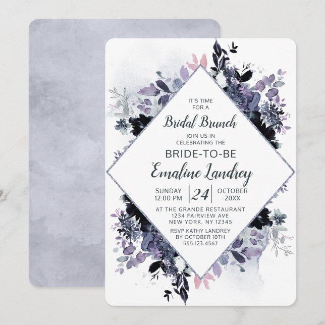 Nocturnal Floral Chic Diamond Bridal Brunch Dusche Einladung (Vorne/Hinten)