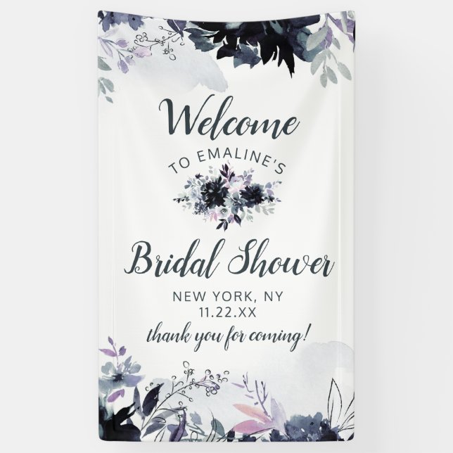 Nocturnal Floral Dusty Blue Brautparty Willkommen Banner (Vertikal)