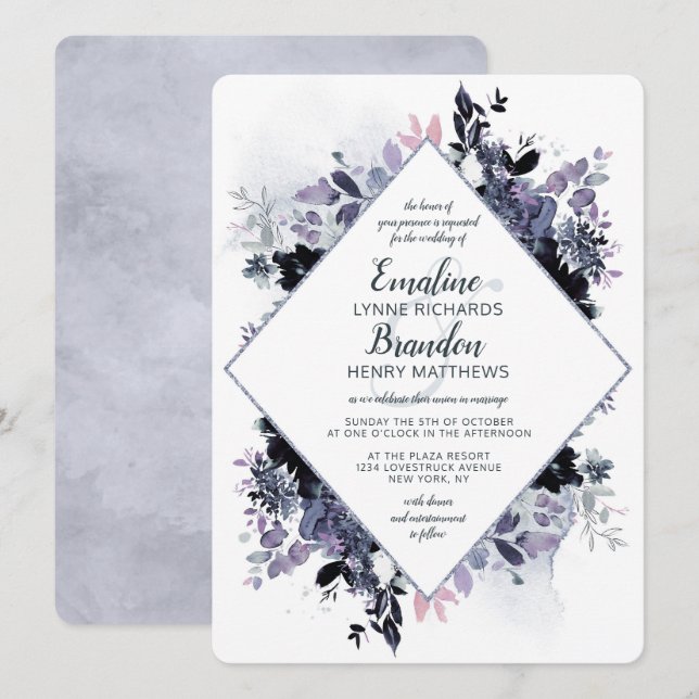 Nocturnal floral Dusty Blue Diamond Frame Wedding Einladung (Vorne/Hinten)