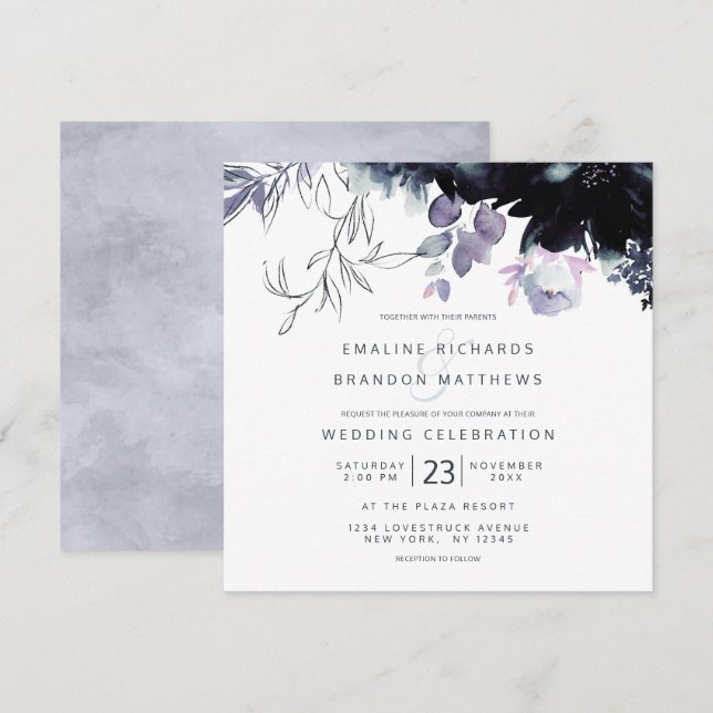 Nocturnal Floral Dusty Blue Square Wedding Einladung (Vorne/Hinten)