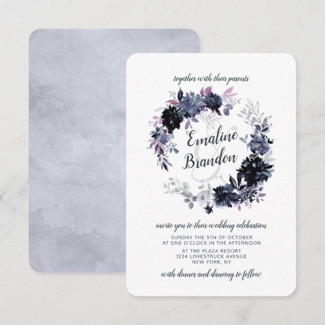 Nocturnal Floral Dusty Blue Wreath Wedding Einladung (Vorne/Hinten)