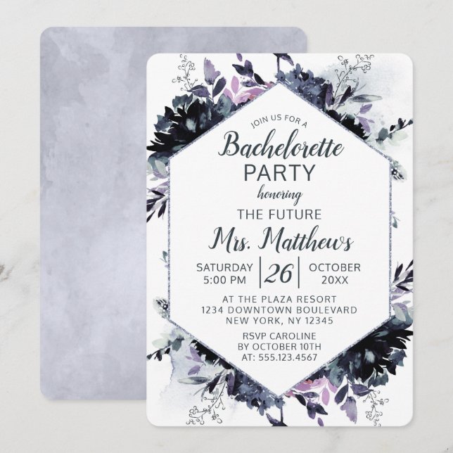 Nocturnal-Floral-Hexagon-Rahmen-Junggeselinnen-Abs Einladung (Vorne/Hinten)