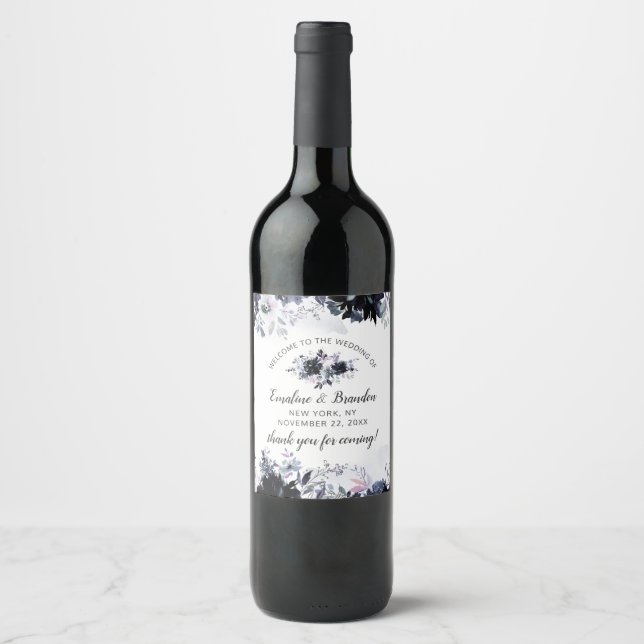 Nocturnal Floral Navy Blauer Eleganter Hochzeitsem Weinetikett (Vorderseite)