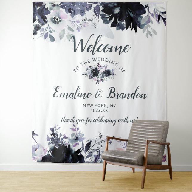 Nocturnal Floral Navy Blue Chic Hochzeit Willkomme Wandteppich (Beispiel)