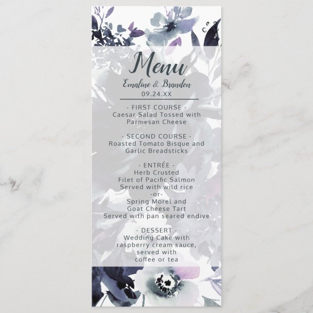 Nocturnal Floral Navy Blue Chic Wasserfarbendinner Menükarte (Vorderseite)