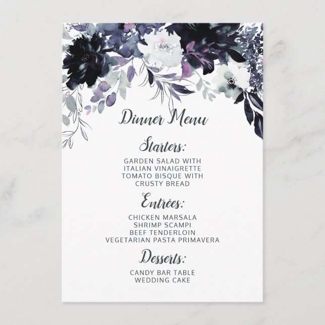Nocturnal Floral Navy Blue Chic Wasserfarbendinner Menükarte (Vorderseite)