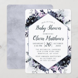 Nocturnal Floral Navy Blue & Gray Baby Girl Dusche Einladung