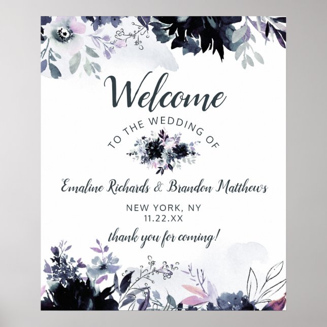 Nocturnal Floral Navy Blue Wedding Begrüßungszeich Poster (Vorne)