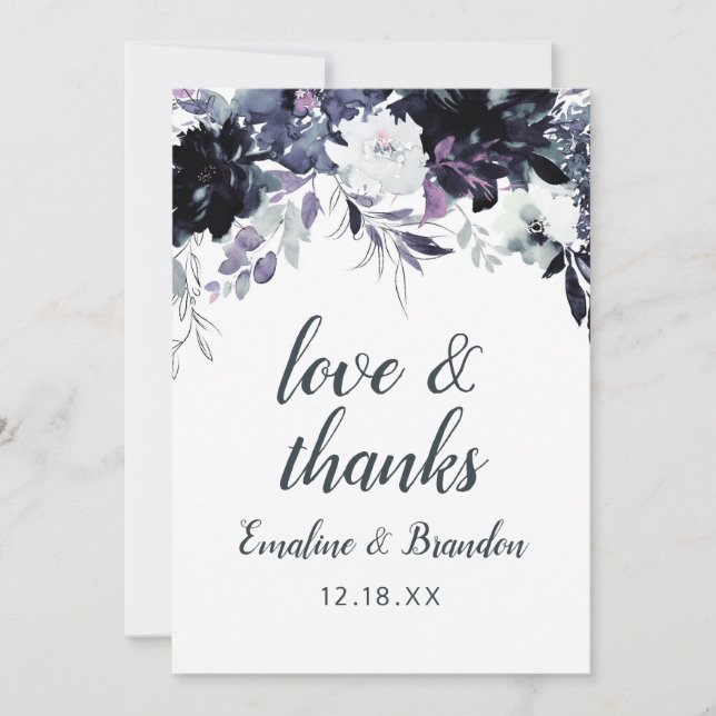 Nocturnal Floral Navy Blue Wedding Liebe und Dank Dankeskarte (Vorderseite)