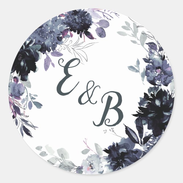 Nocturnal Floral Navy Blue Wreath Monogram Wedding Runder Aufkleber (Vorderseite)