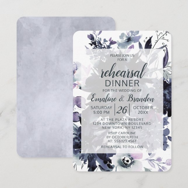 Nocturnal Floral Navy Hochzeit Probe Dinner Einladung (Vorne/Hinten)