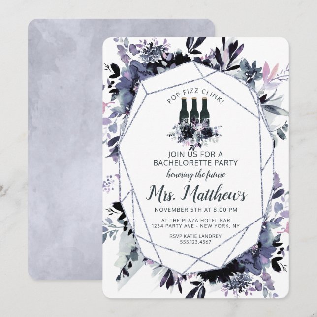 Nocturnal Floral Pop Fizz Clink Junggeselinnen-Abs Einladung (Vorne/Hinten)