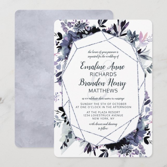 Nocturnal Floral Silver Gem Dusty Blue Wedding Einladung (Vorne/Hinten)