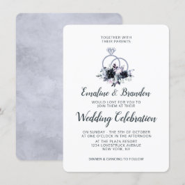 Nocturnal Floral Silver Sparkle Rings Wedding Einladung