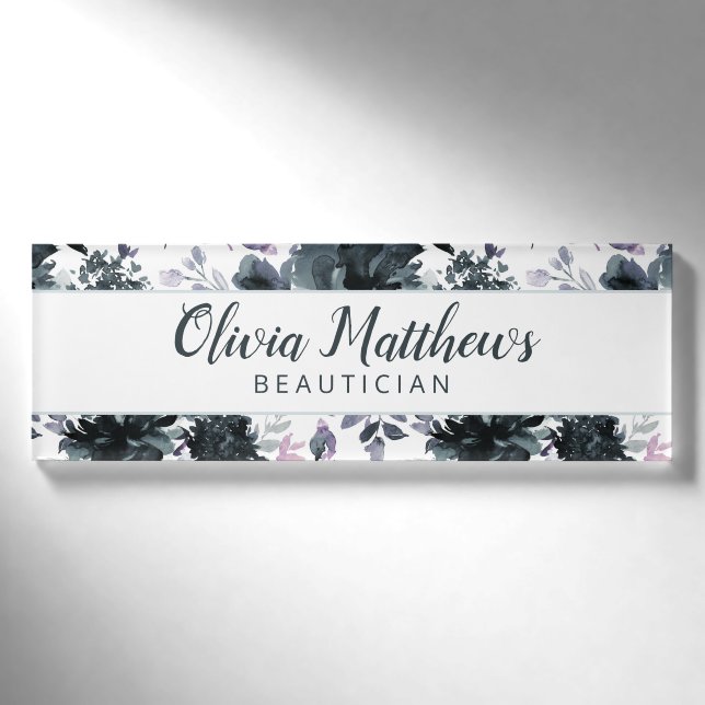 Nocturnal Floral Watercolor Navy Blue Name Namenschild (Vorderseite)