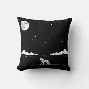 Nocturnal Wolf Moonlit Landschaftsbild Illustratio Kissen