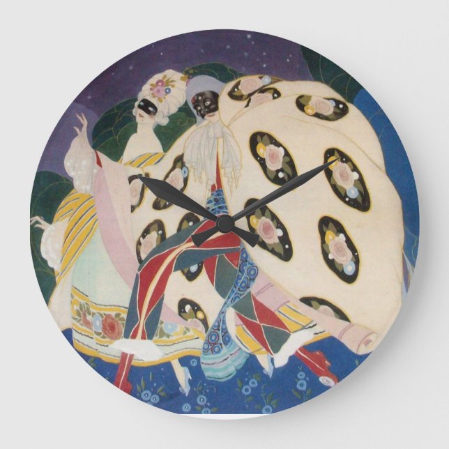 NOCTURNE MIT MASKEN / Art Déco Venezianische Masqu Große Wanduhr (Vorderseite)