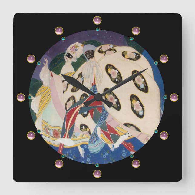 NOCTURNE MIT MASKEN / Art Déco Venezianische Masqu Quadratische Wanduhr (Vorderseite)