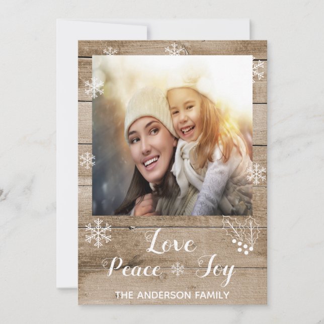Noël amour paix joie bois rustique carte photo (Devant)