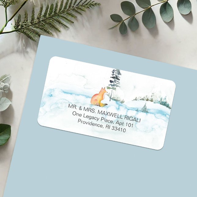 Noël Aquarelle Fox Retourner l'adresse Étiquettes (Christmas return address labels watercolor fox winter scene and pine tree art Do Tell A Belle)
