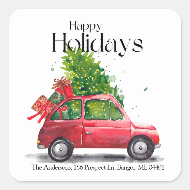 Noël Aquarelle rouge voiture Étiquettes de adresse (Devant)