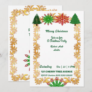 Noël Arbres Snowflakes Gold Frame Invitation