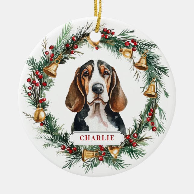 Noël Basset Hound Ceramic Circle Ornement (Devant)