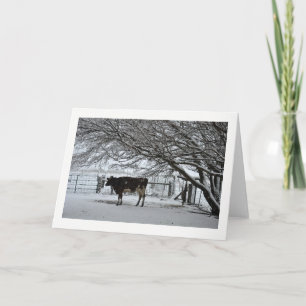 Noël. Carte de voeux. Vache en neige.