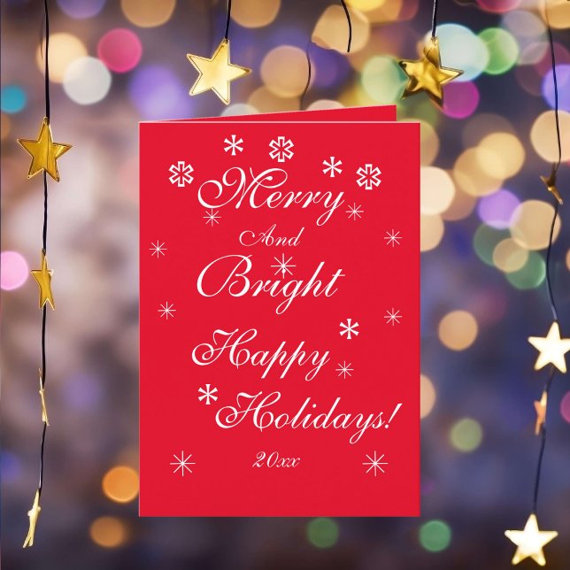 Noël Chic Script moderne Cool Rouge Carte de vacan (Cheerful "Merry And Bright' customizable chic red Christmas card.)