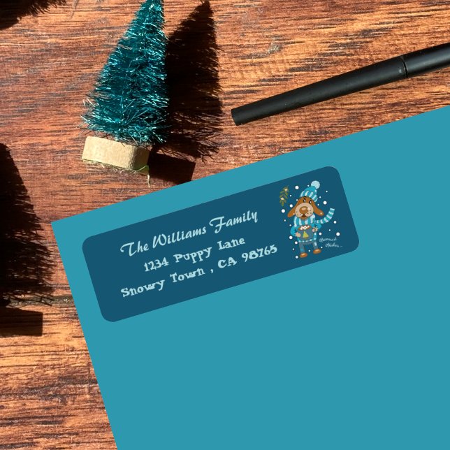 Noël Chiot bleu retour Adresse Étiquettes (Cute dog drinking hot cocoa Holiday blue return address labels .)