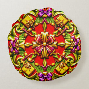 NOËL ~ Coussin rond ~ or vert rouge