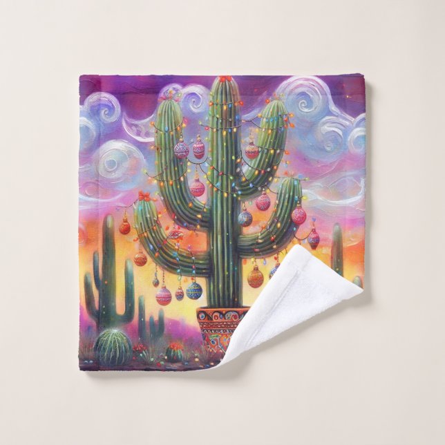 Noël dans le désert Sud-Ouest Saguaro Cactus (Gant de toilette)