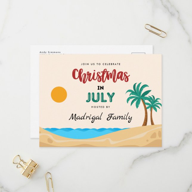 Noël en juillet Fête d'été Invitation Carte postal (Devant/Arrière en situation)