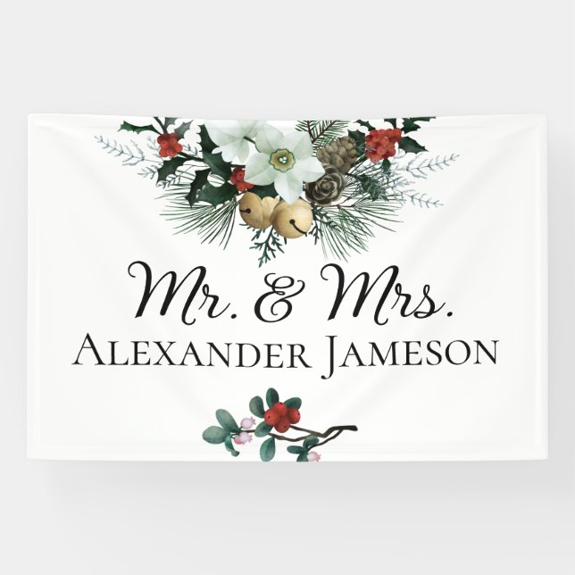 Noël Floral d'hiver Mr & Mrs Mariage Bannière (Horizontal)