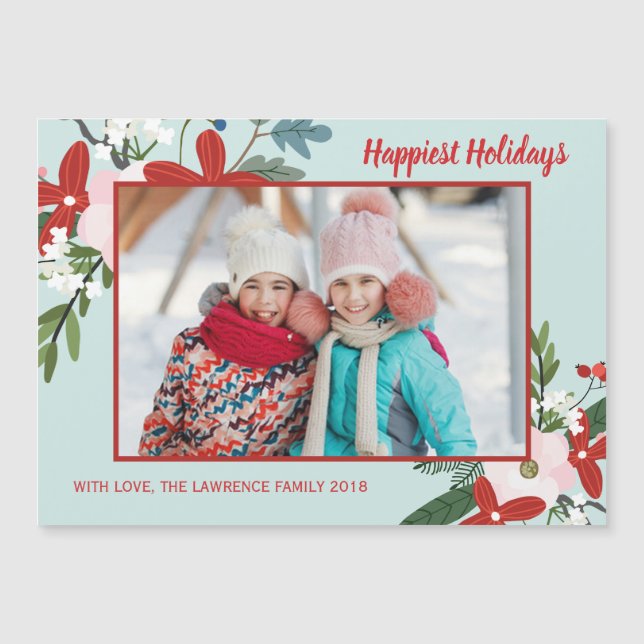 Noël Floral Rouge Aqua Vacances Magnet photo (Devant)