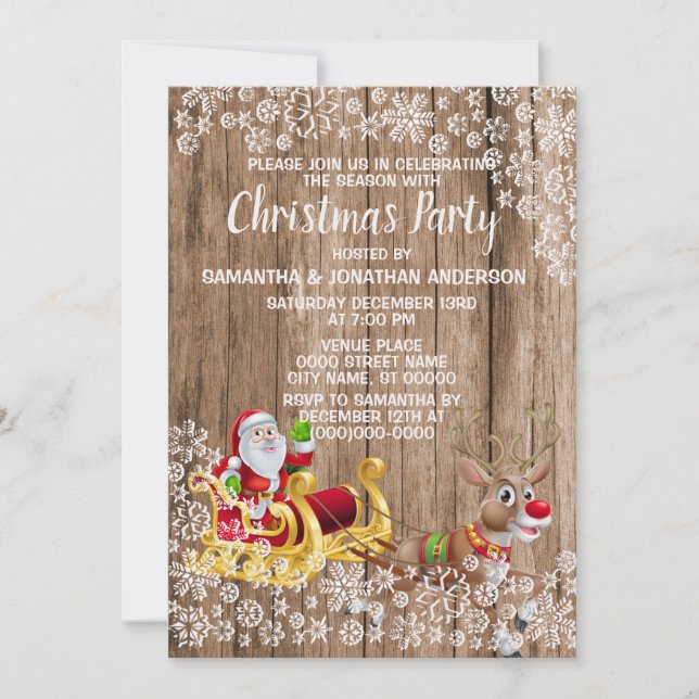 Noël Golden Père Noël Sleigh Neige bois Invitation (Devant)