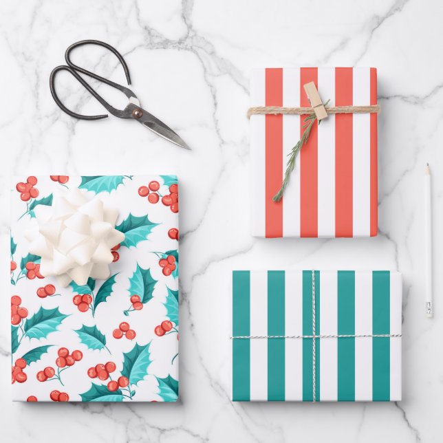 Noël Holly Berries Enveloppement Papier ensemble d (Recto)