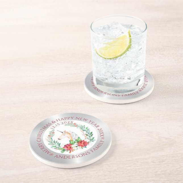 Noël licorne argent et blanc dessous de verre fron (Côté)