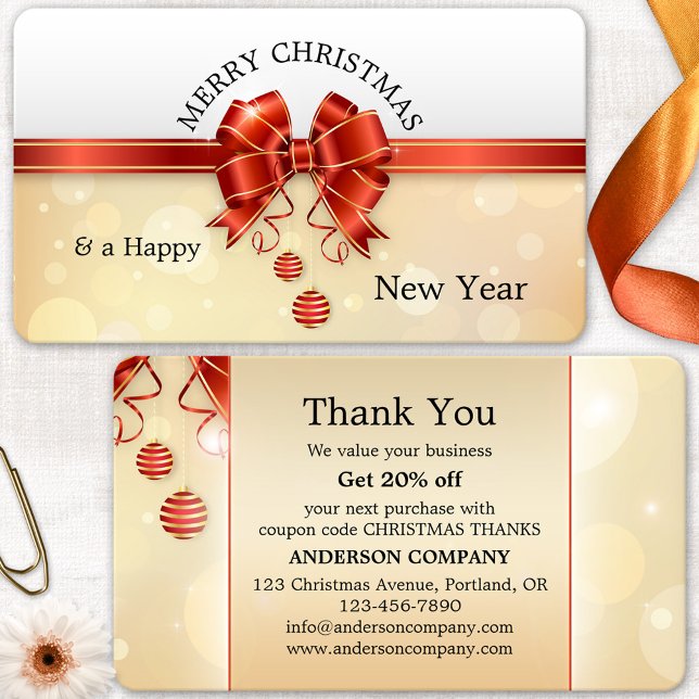 Noël Merci Carte de visite (Thank You business card featuring an elegant Christmas design with your custom Holiday wishes)