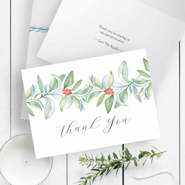 Noël Merci Cartes Aquarelle Verdure (Christmas thank you cards features watercolor holiday botanicals in shades of red and green, )