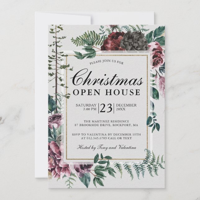 Noël Open House Rustic Red Floral Invitation (Devant)