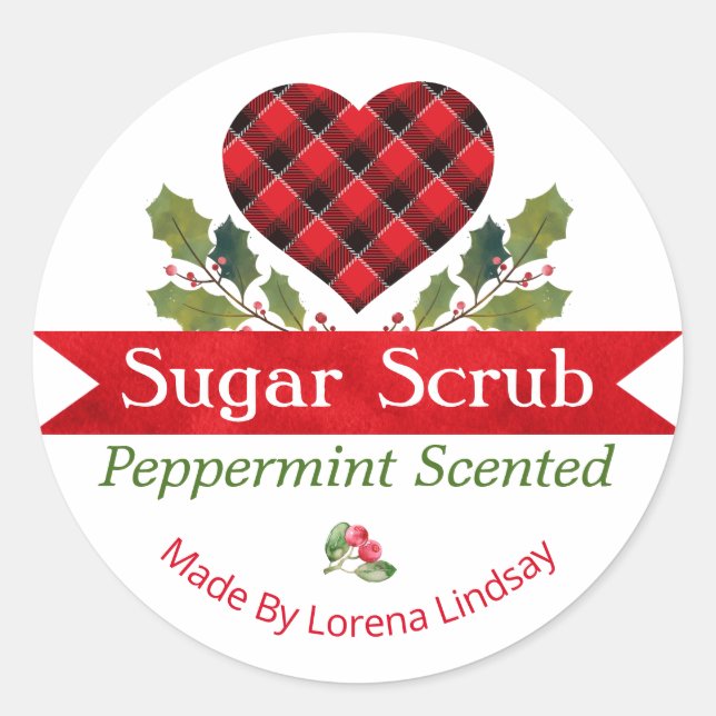 Noël Peppermenthe Plaid Sugar Scrub Étiquettes (Devant)