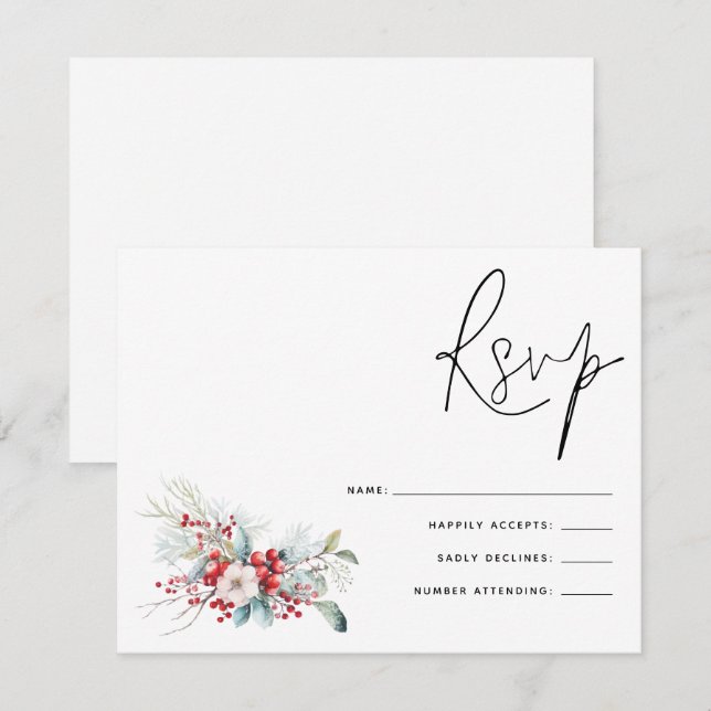 Noël Poinsettia Berries Script Wedding RSVP (Devant / Derrière)