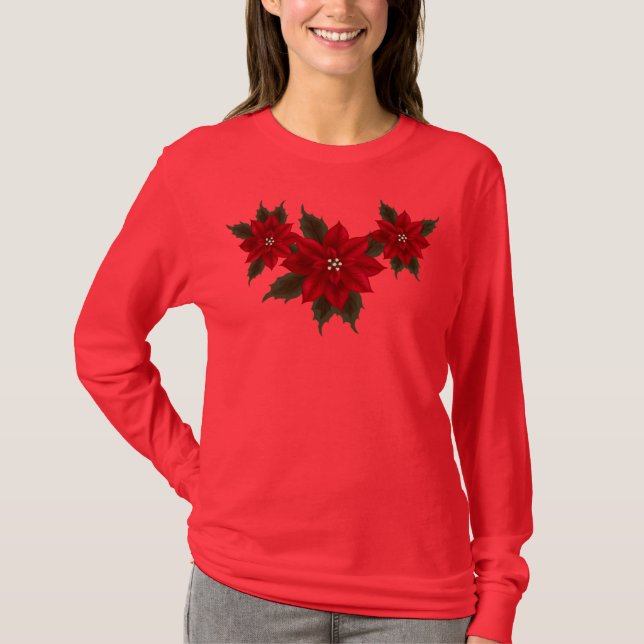 Noël Poinsettia Hanes Deep Red LS T-shirt (Devant)
