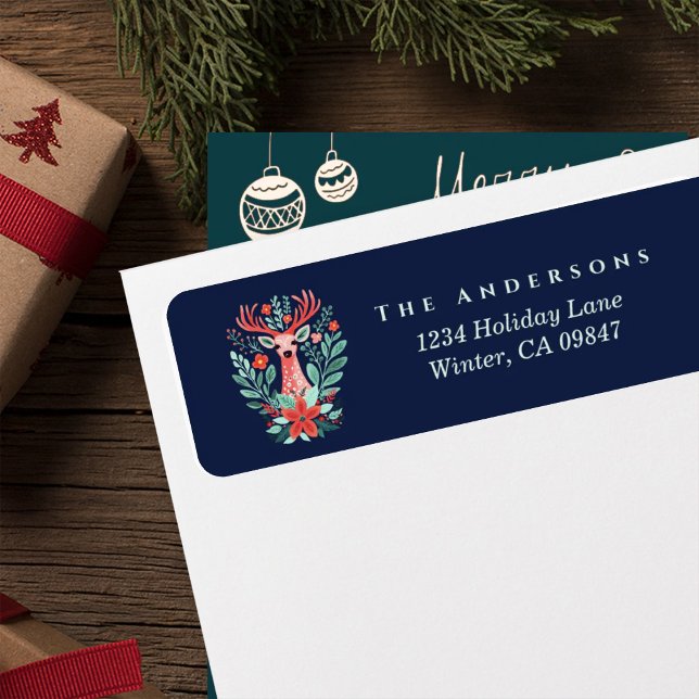 Noël Reinder Floral Blue Étiquette de adresse (Créateur téléchargé)