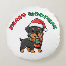 Noël Rottweiler Coussin rond : Joyeux Woofmas