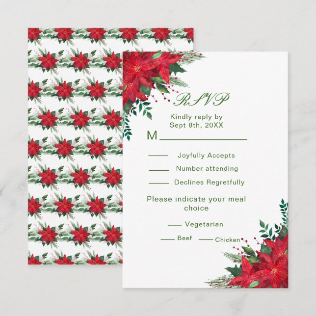 Noël Rouge Poinsettia Fleurs Mariage RSVP (Devant / Derrière)