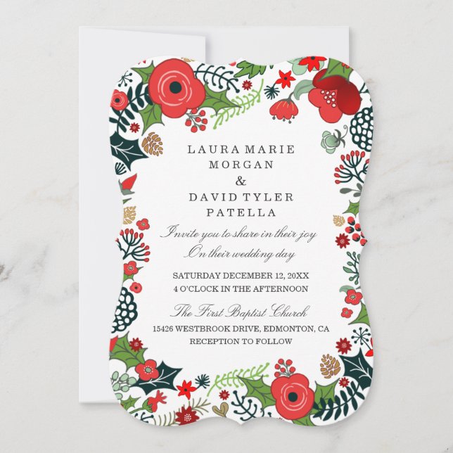 Noël Rouge & Vert Floral Invitations de mariage (Devant)